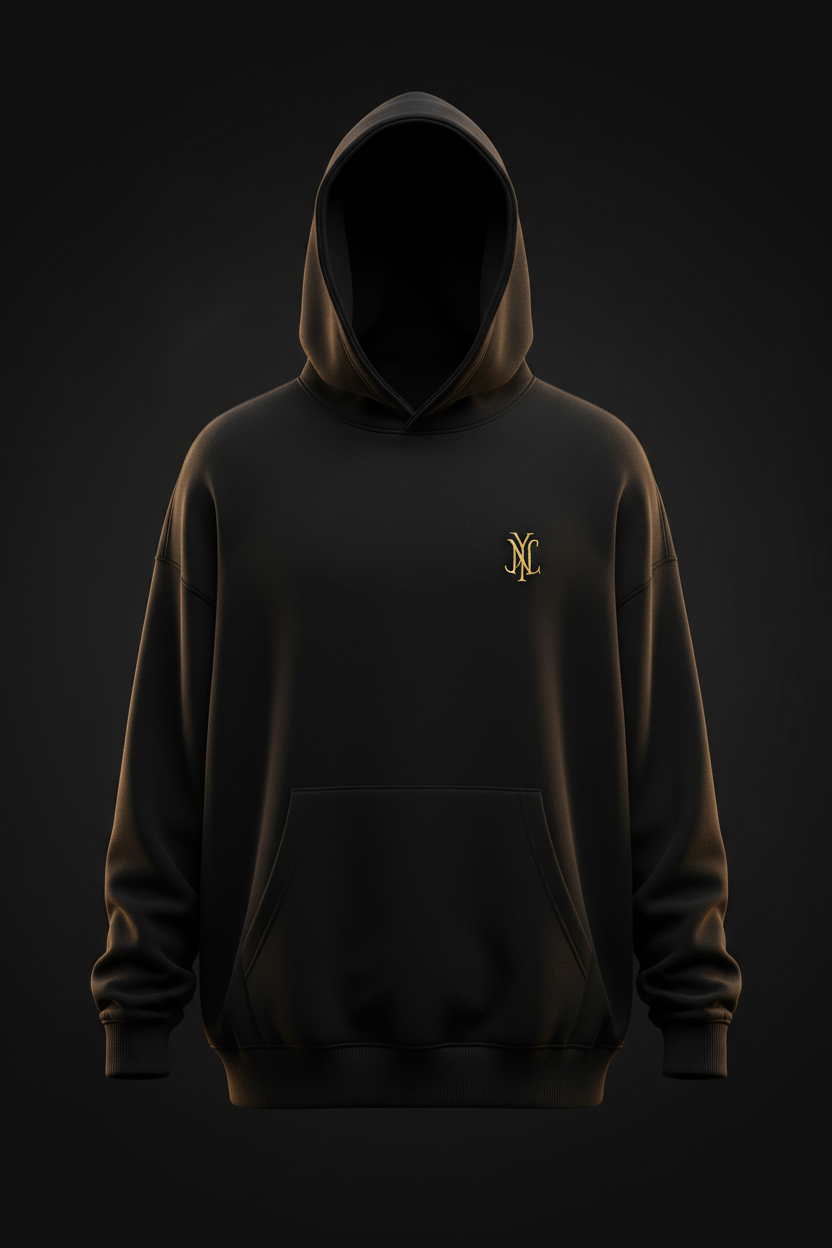 SANZAVEEDUQUER Dynasty Hoodie - Luxury Oversized Black Hoodie with Gold Embroidered Branding