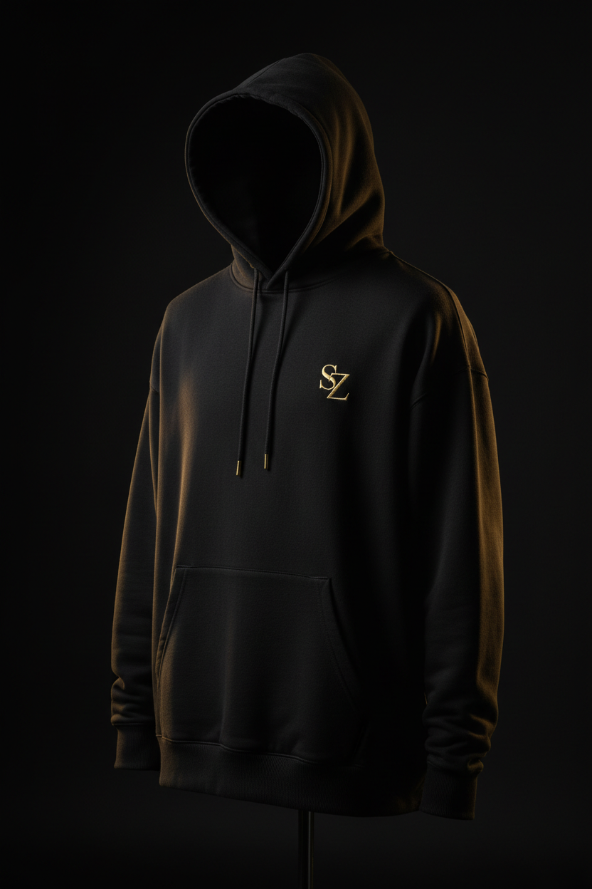 SANZAVEEDUQUER Signature Hoodie - Luxury Oversized Black Hoodie with Gold Embroidered Branding